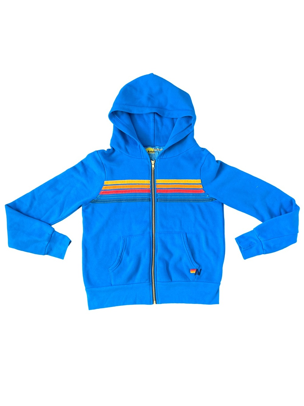 Aviator Nation Electric Blue Zip Hoodie with Yellow-Orange-Pink Stripes